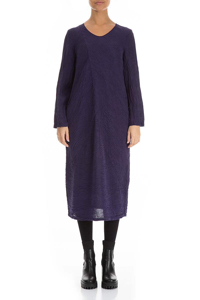 Elegant Royal Purple Waves Silk Linen Dress 1