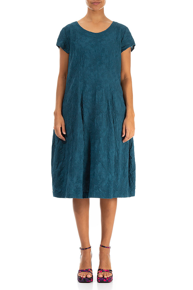 Embroidered Flowers Dark Teal Cotton Dress