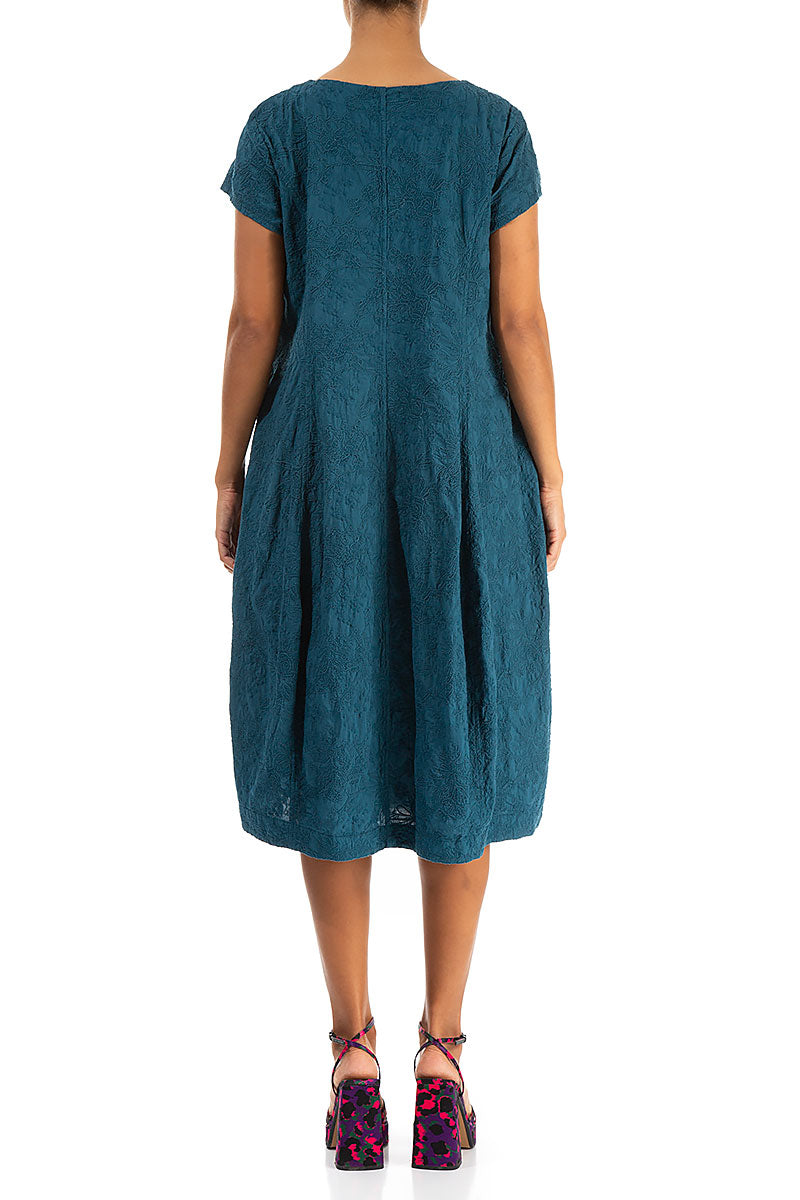 Embroidered Flowers Dark Teal Cotton Dress