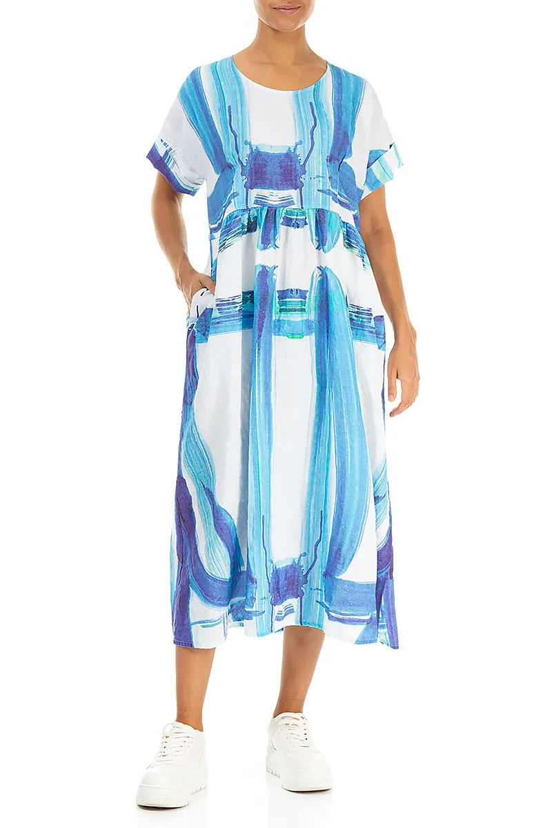 empire waist linen dress Empire Waist Blue Brushstroke Linen Dress – grizas.com