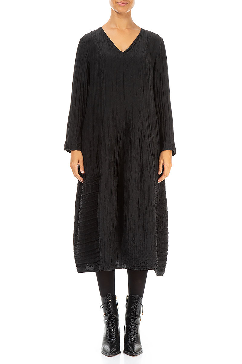 Long Sleeves V-neck Crinkled Black Silk Dress 1