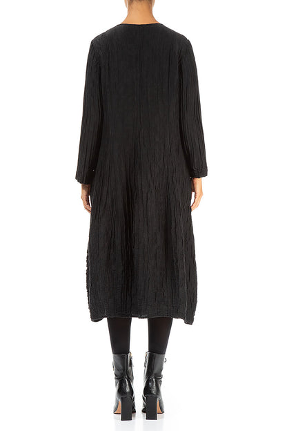 Long Sleeves V-neck Crinkled Black Silk Dress 2