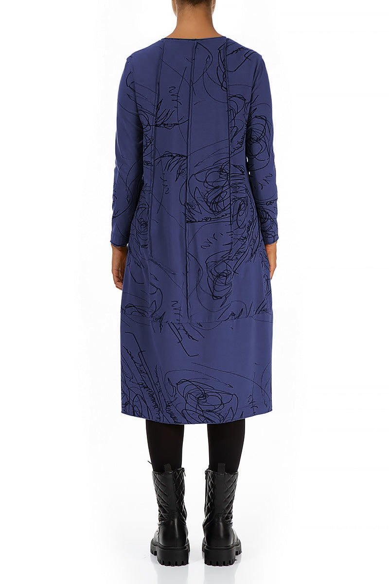 Exposed Seam Blue Violet Abstract Draw Cotton Dress