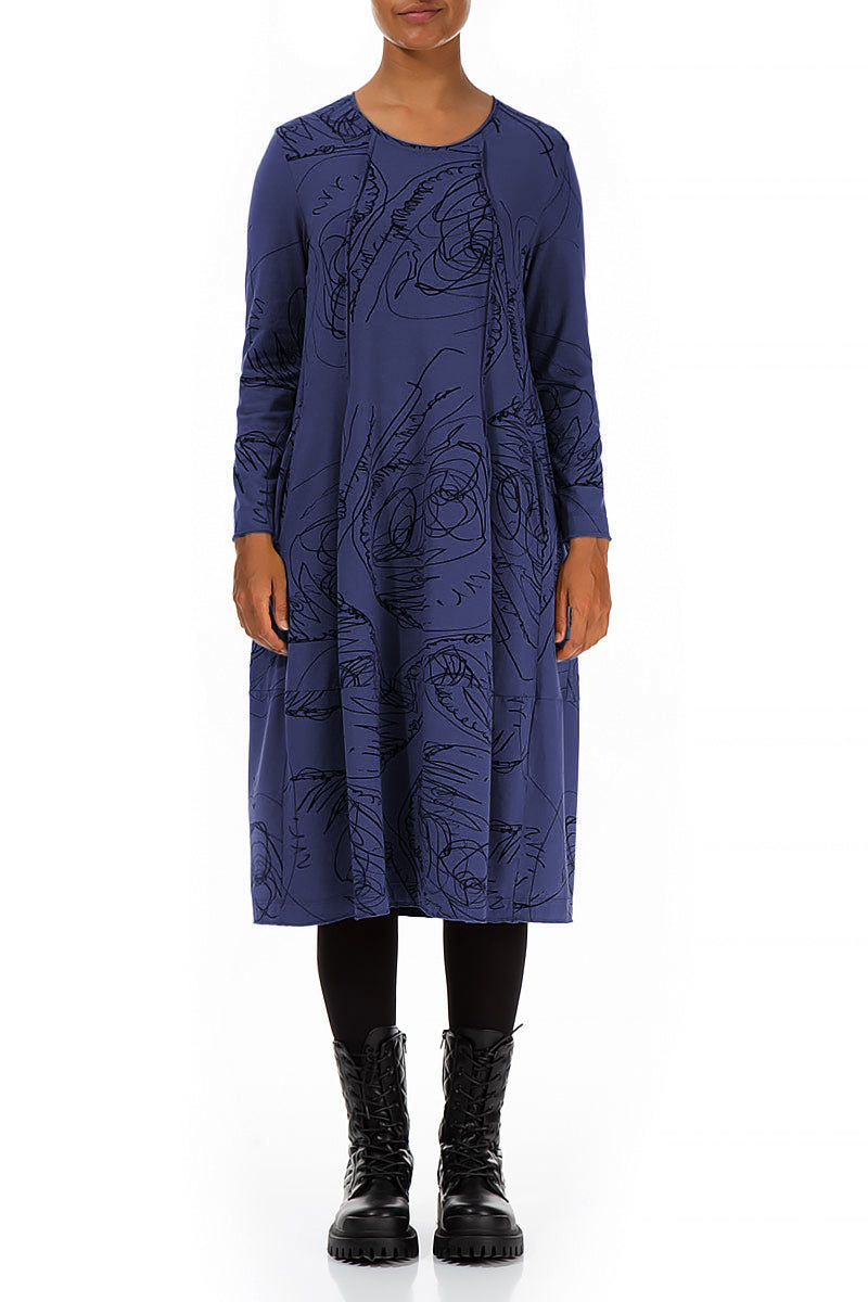 Exposed Seam Blue Violet Abstract Draw Cotton Dress