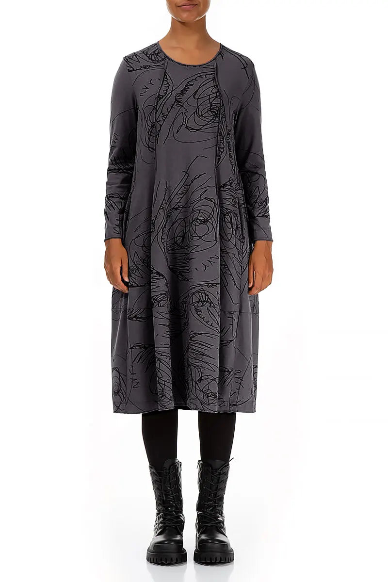 Exposed Seam Graphite Abstract Draw Cotton Dress 1