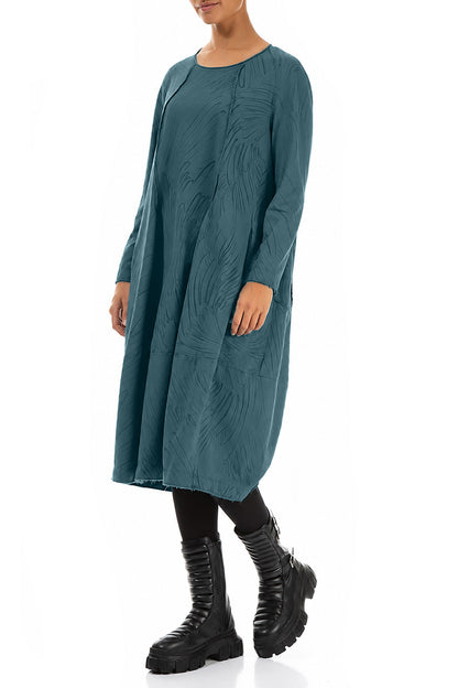 Exposed Seam Deep Turquoise Feathers Cotton Dress