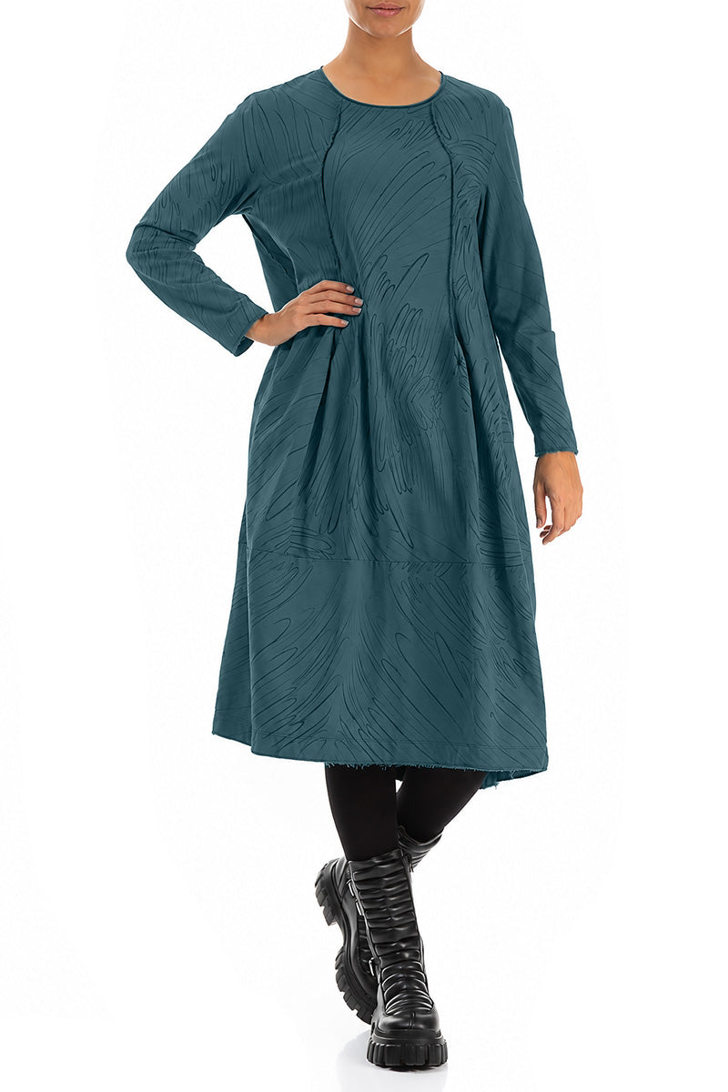 Exposed Seam Deep Turquoise Feathers Cotton Dress