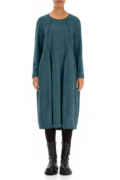 Exposed Seam Deep Turquoise Feathers Cotton Dress