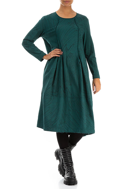 Exposed Seam Emerald Feathers Cotton Dress