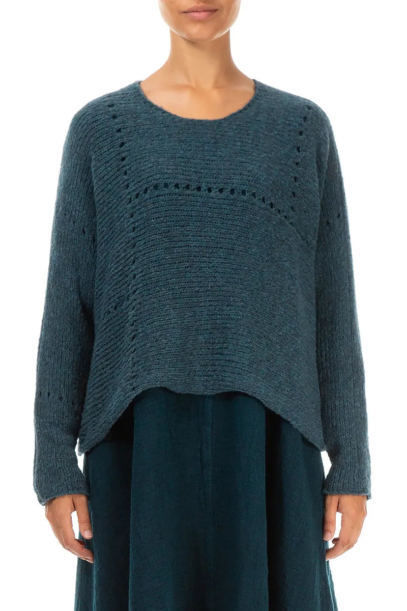 Lochmuster-Pullover aus petrolfarbener Wolle