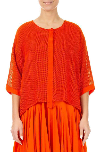 Flame Orange Centre Placket Mesh Silk Jacket 1