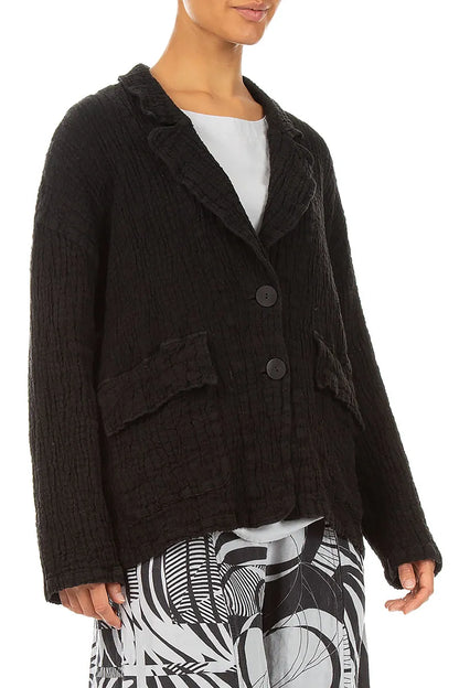 Flap Pocket Black Textured Linen Jacket