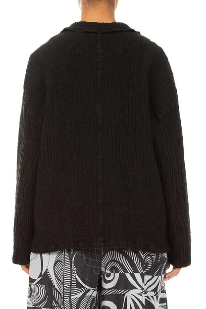 Flap Pocket Black Textured Linen Jacket