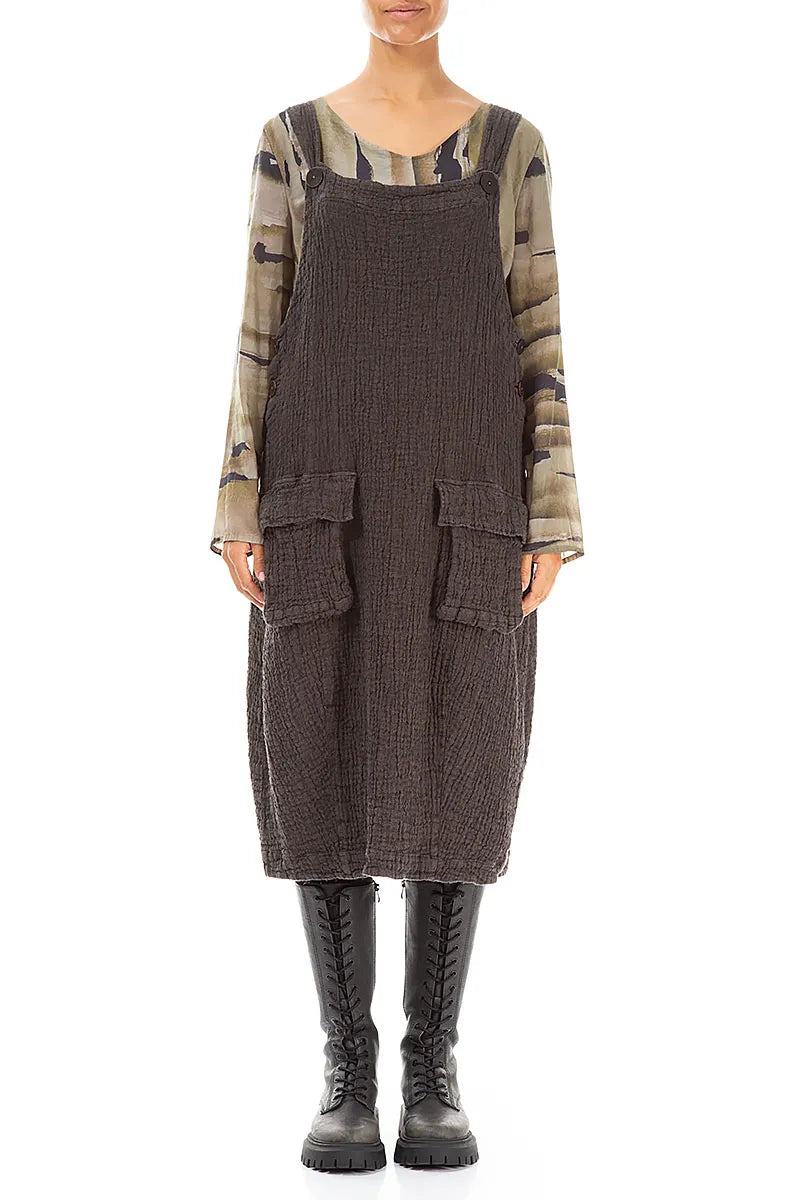 Flap Pocket Forest Brown Textured Linen Dungaree Dress 1