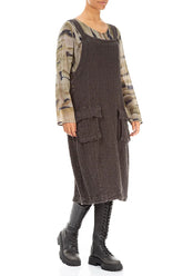 Flap Pocket Forest Brown Textured Linen Dungaree Dress 3