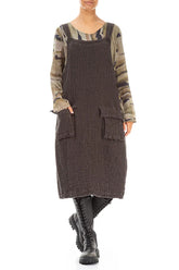 Flap Pocket Forest Brown Textured Linen Dungaree Dress 4