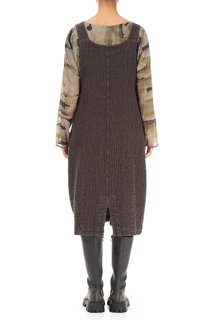 Flap Pocket Forest Brown Textured Linen Dungaree Dress 2