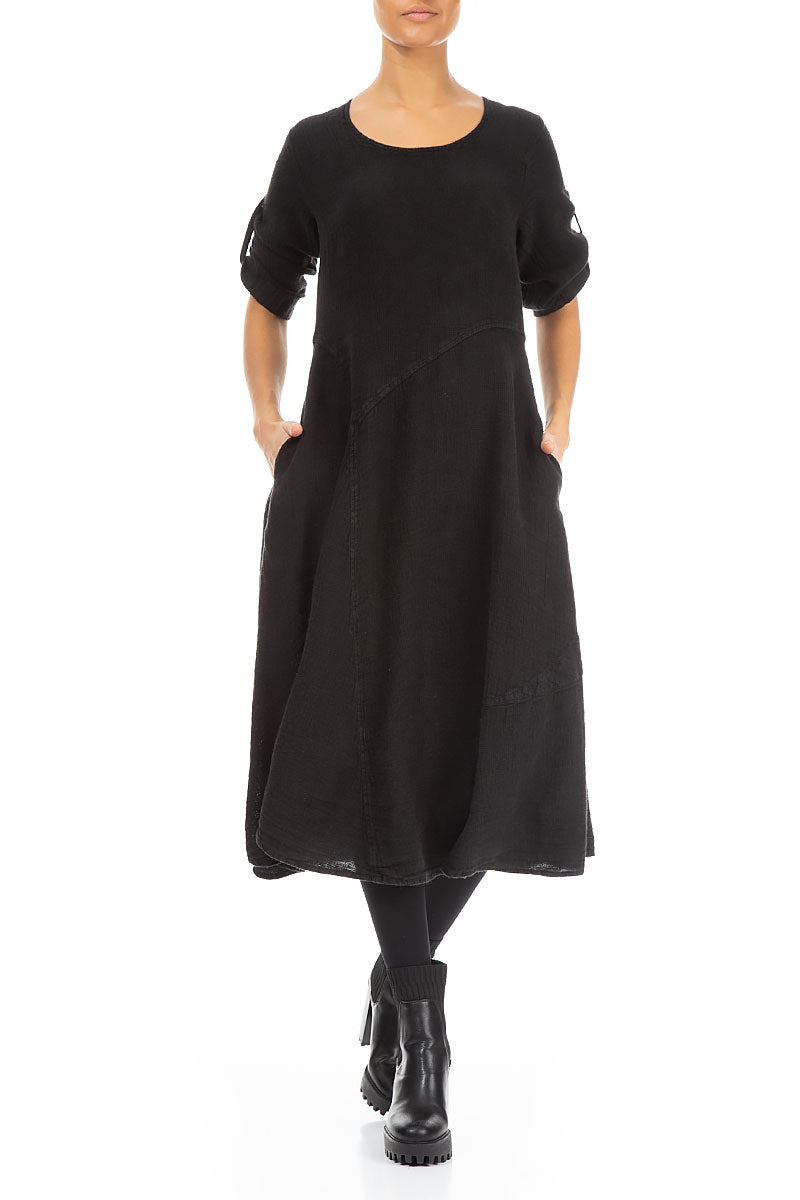 Flared A-Line Black Mélange Linen Dress