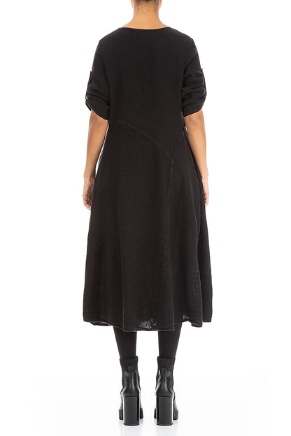 Flared A-Line Black Mélange Linen Dress