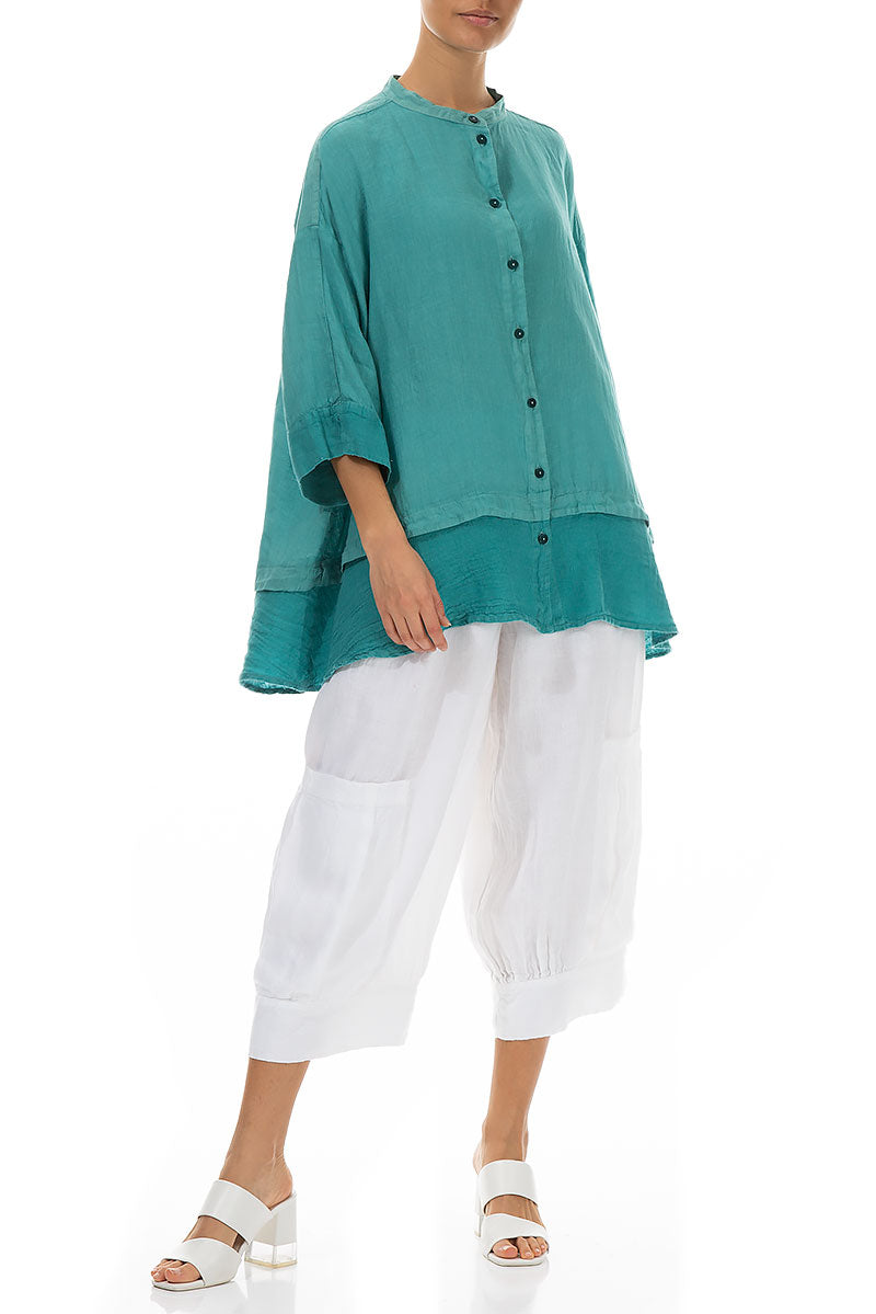 Flared Aqua Green Linen Shirt 5