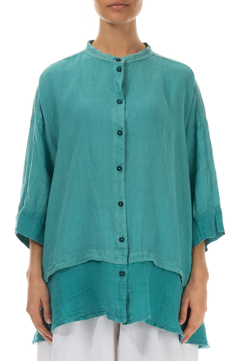 Flared Aqua Green Linen Shirt 1
