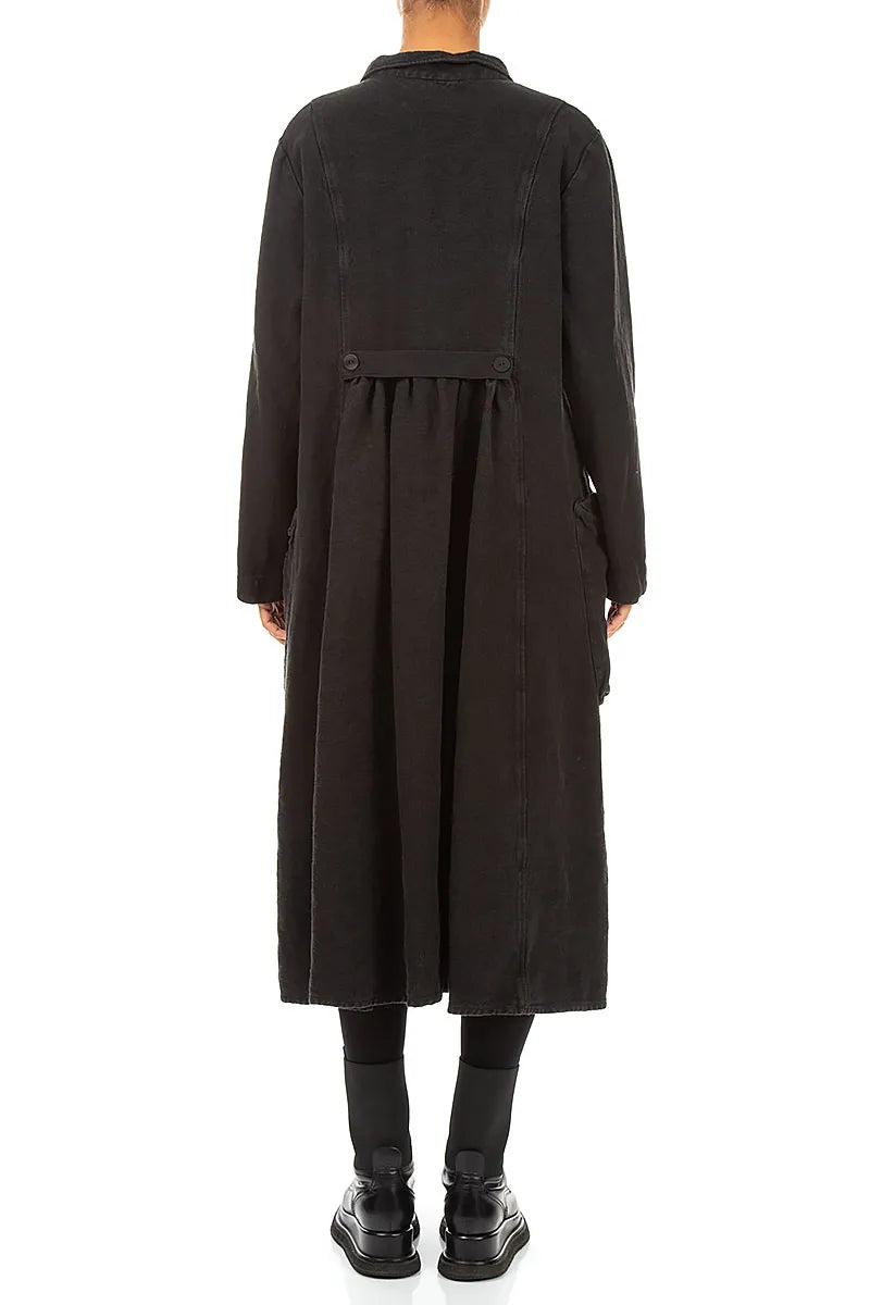 Flared Back Black Heavy Linen Coat