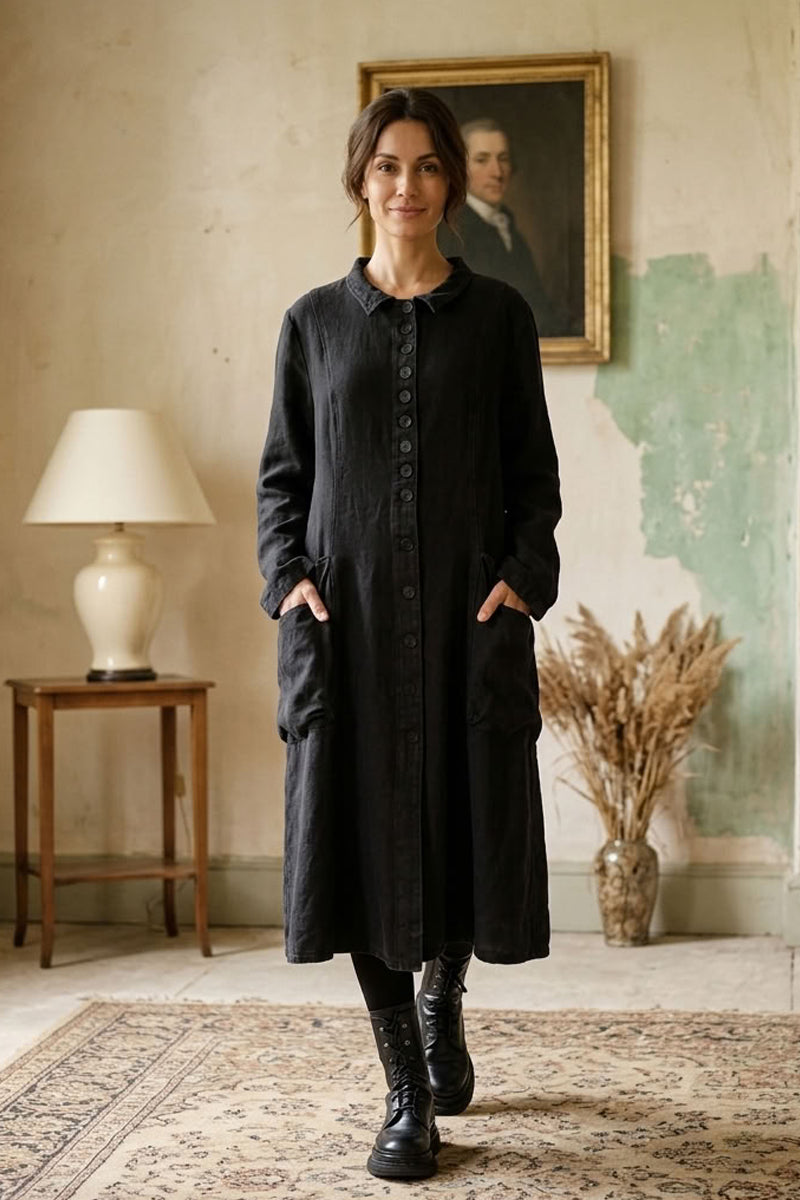 Manteau noir évasé dans le dos en Lin épais