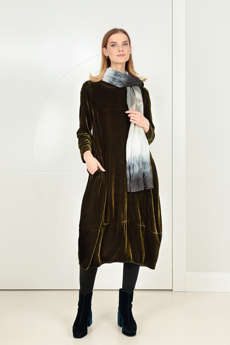 Flared Back Forest Mist Silk Velvet Dress 1