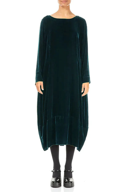 Flared Back Peacock Silk Velvet Dress 1