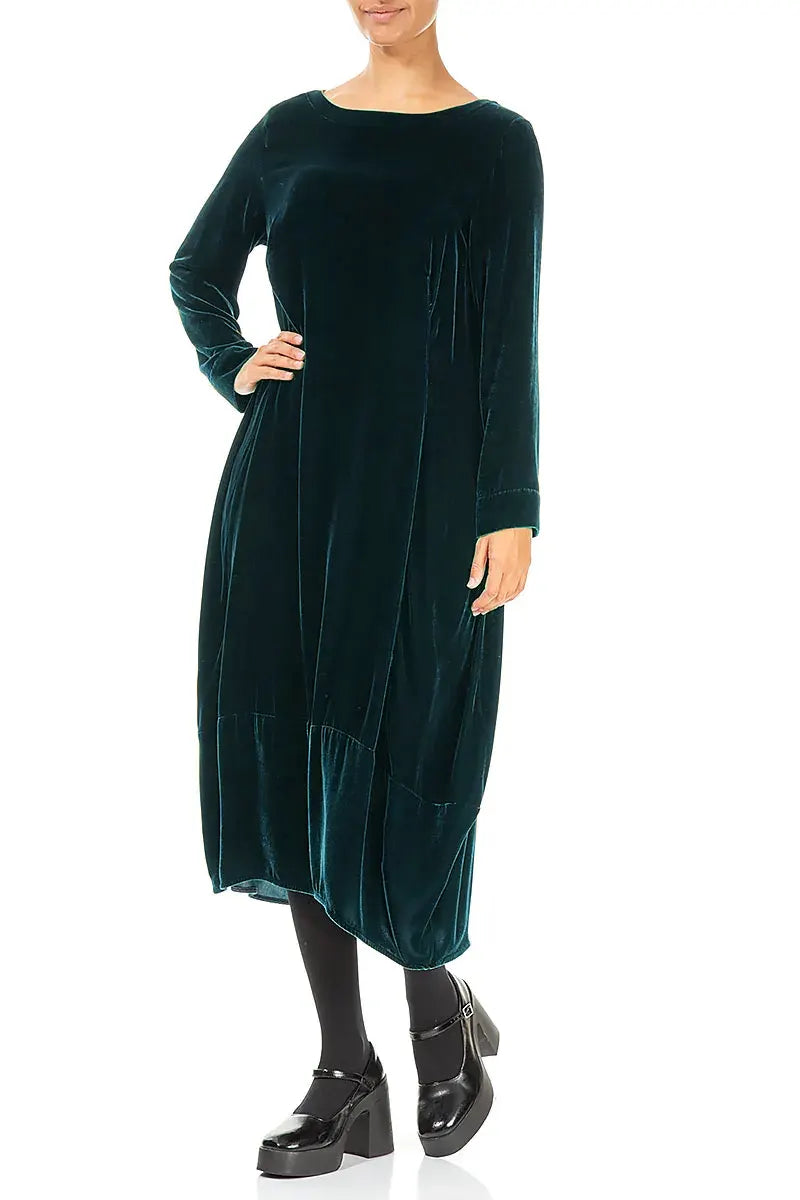 Flared Back Peacock Silk Velvet Dress 4