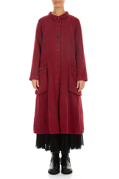 Veste Rouge rubis longue à patte de boutonnage en Lin épais