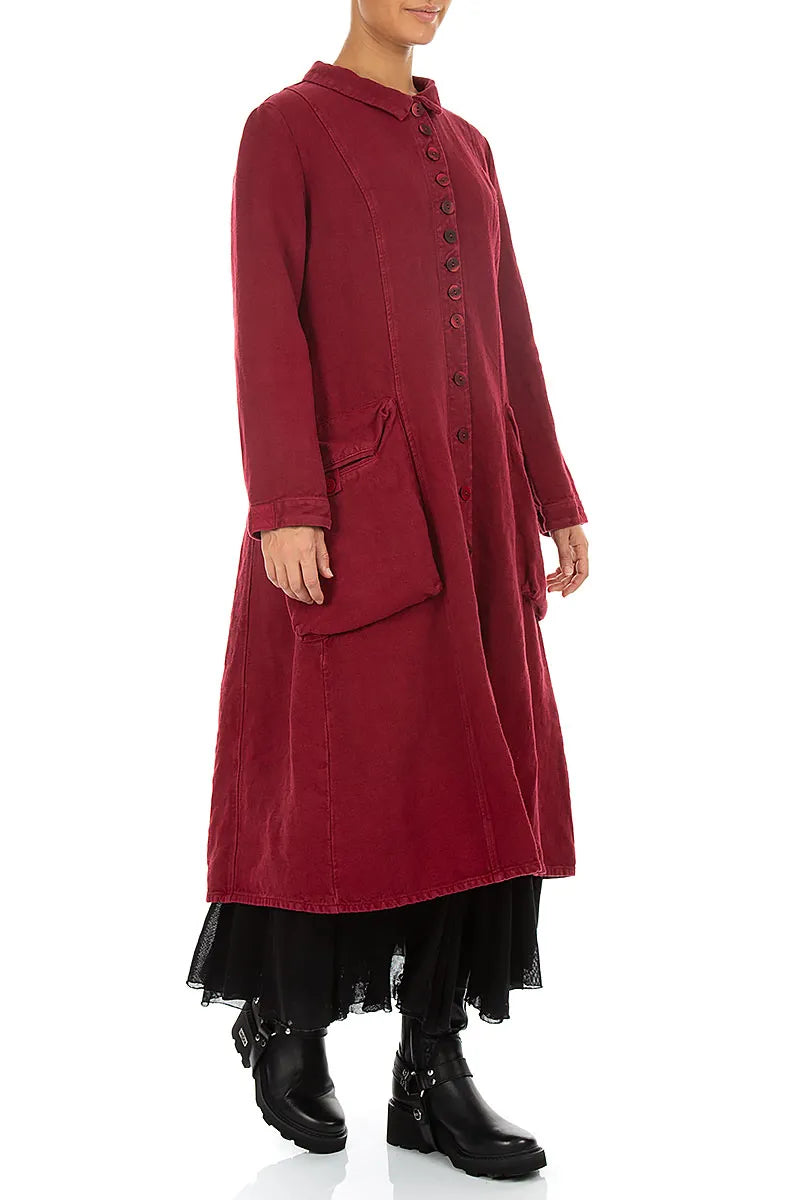 Veste Rouge rubis longue à patte de boutonnage en Lin épais