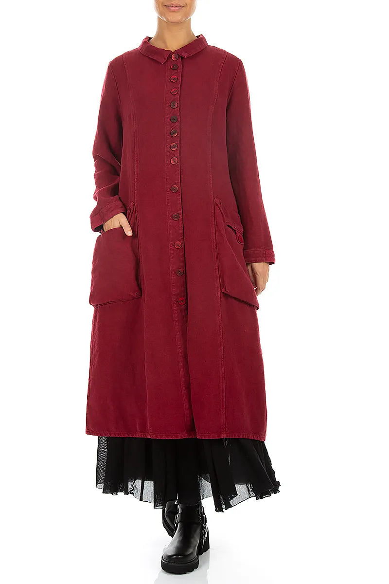 Veste Rouge rubis longue à patte de boutonnage en Lin épais