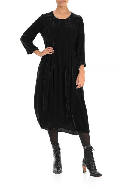 Flared Balloon Black Silk Velvet Dress