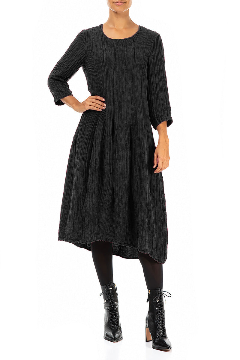 Flared Balloon Crinkled Black Silk Dress