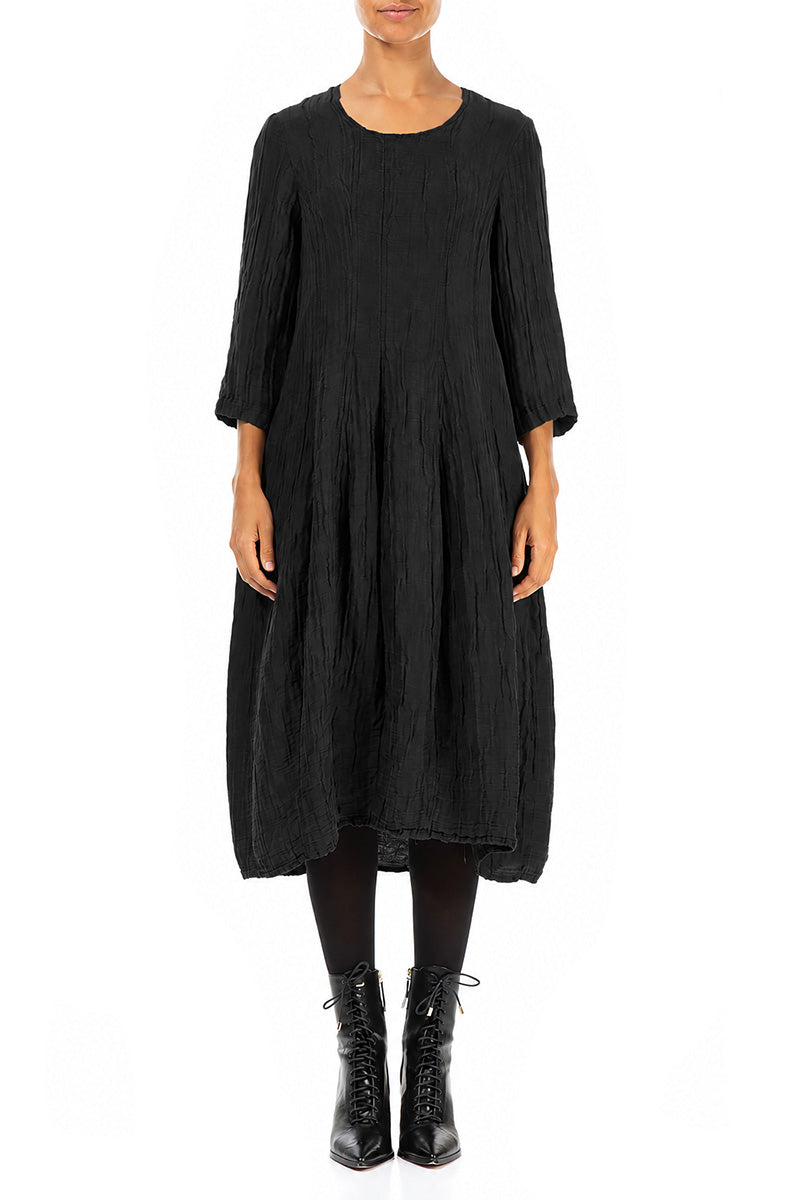 Flared Balloon Crinkled Black Silk Linen Dress 1