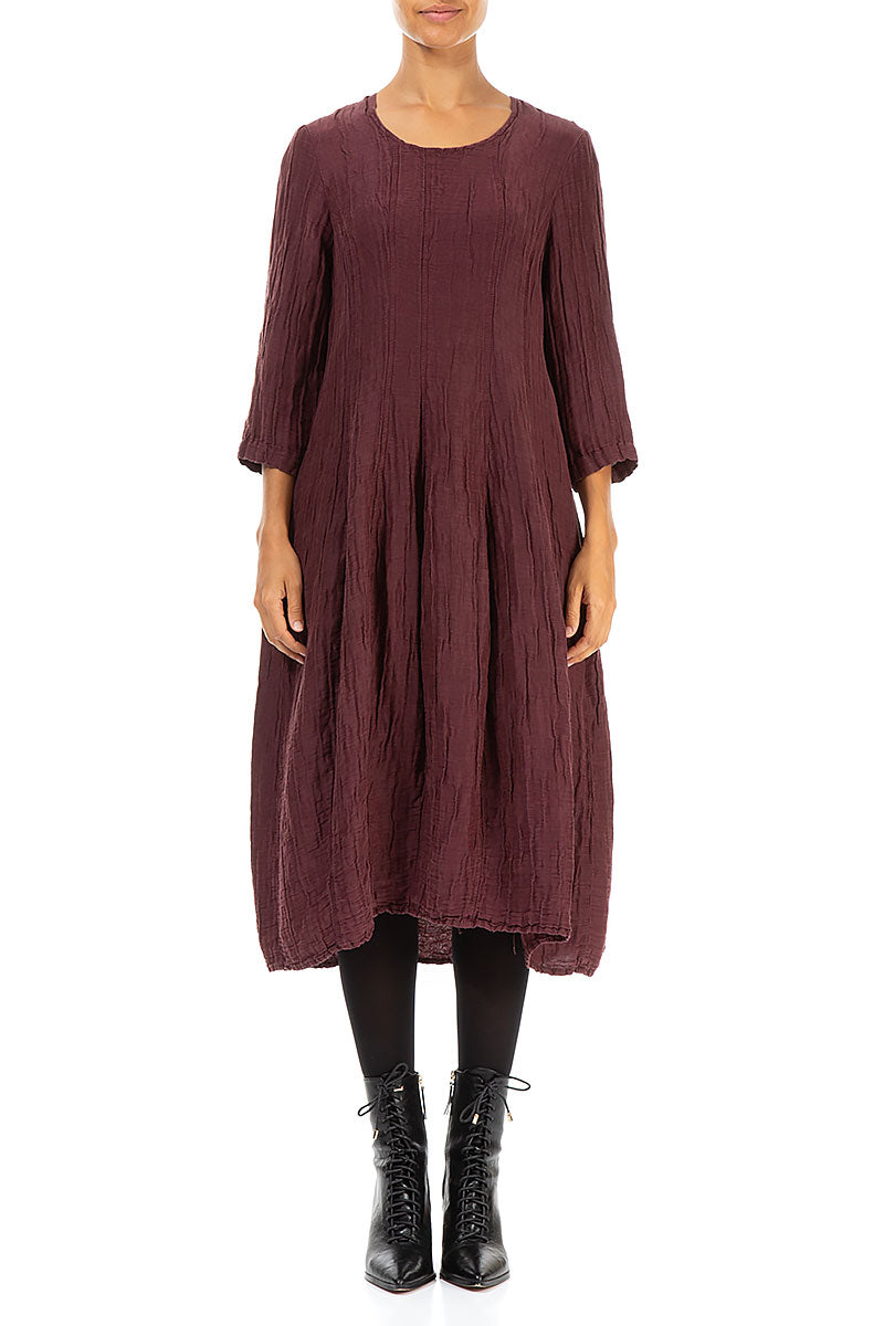 Flared Balloon Crinkled Merlot Silk Linen Dress