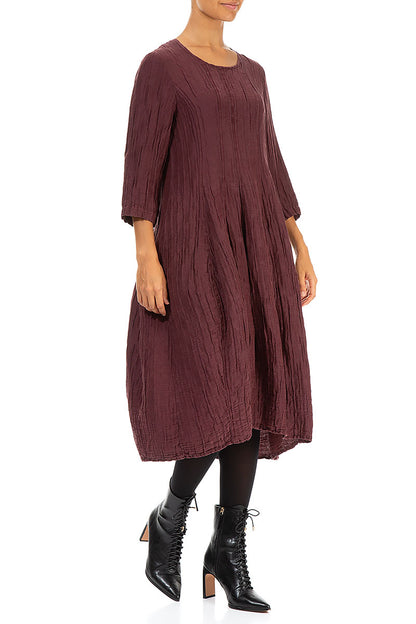 Flared Balloon Crinkled Merlot Silk Linen Dress