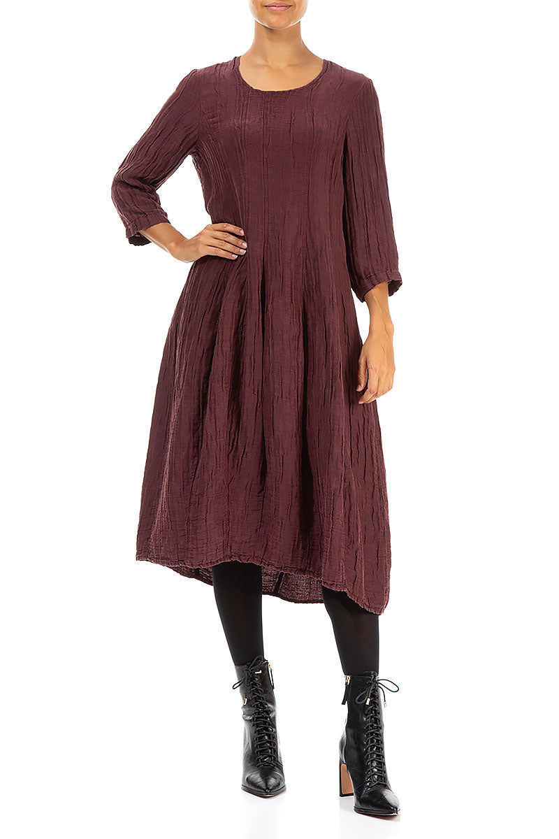 Flared Balloon Crinkled Merlot Silk Linen Dress