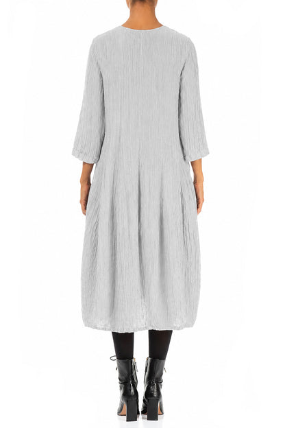 Flared Balloon Crinkled Pearl Grey Silk Dress