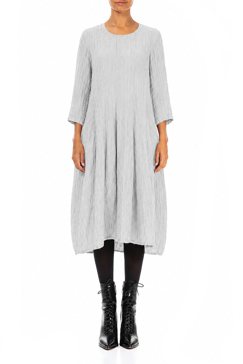 Flared Balloon Crinkled Pearl Grey Silk Dress