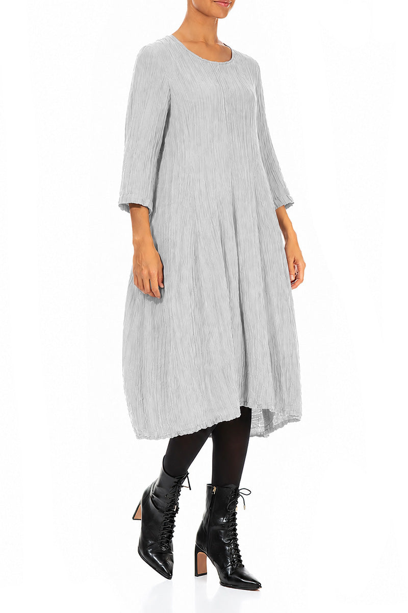 Flared Balloon Crinkled Pearl Grey Silk Dress
