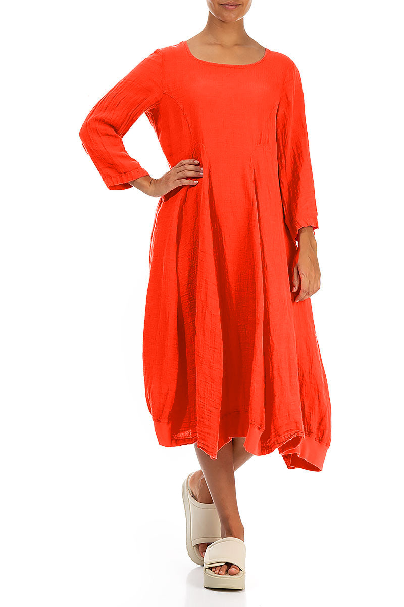 Flared Balloon Flame Orange Linen Dress