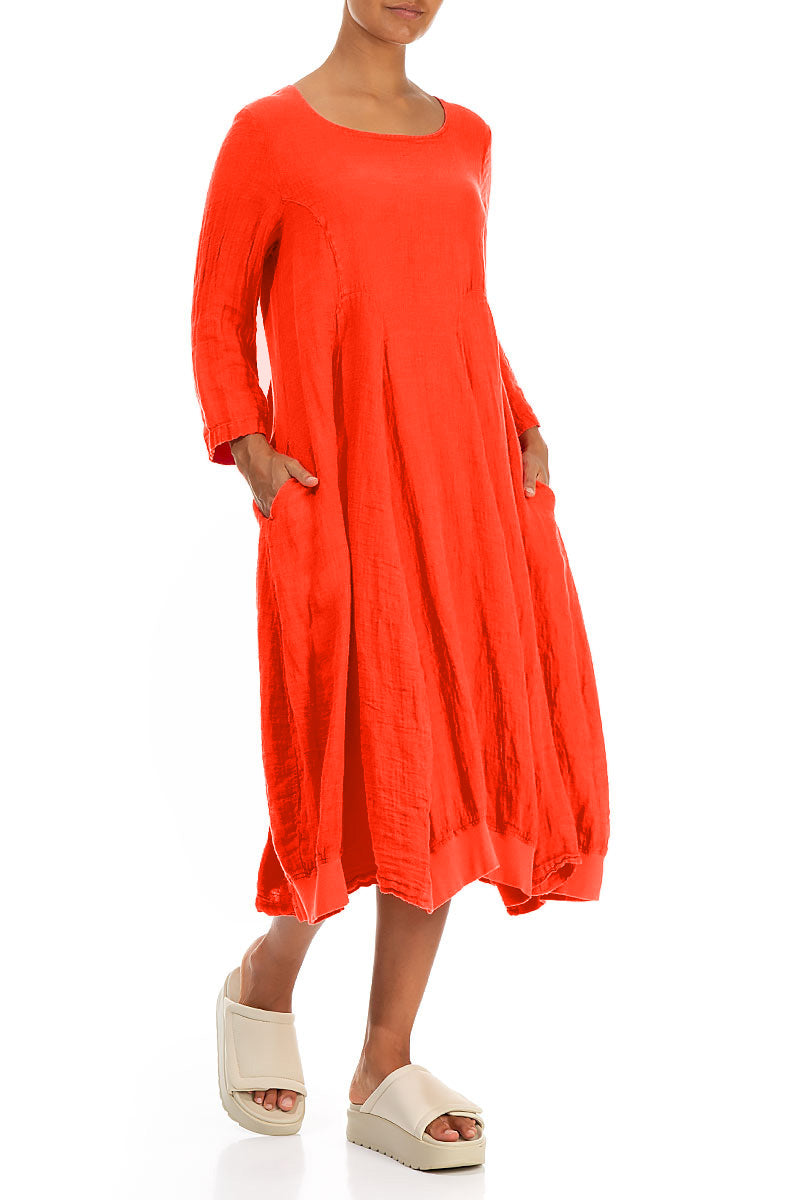 Flared Balloon Flame Orange Linen Dress