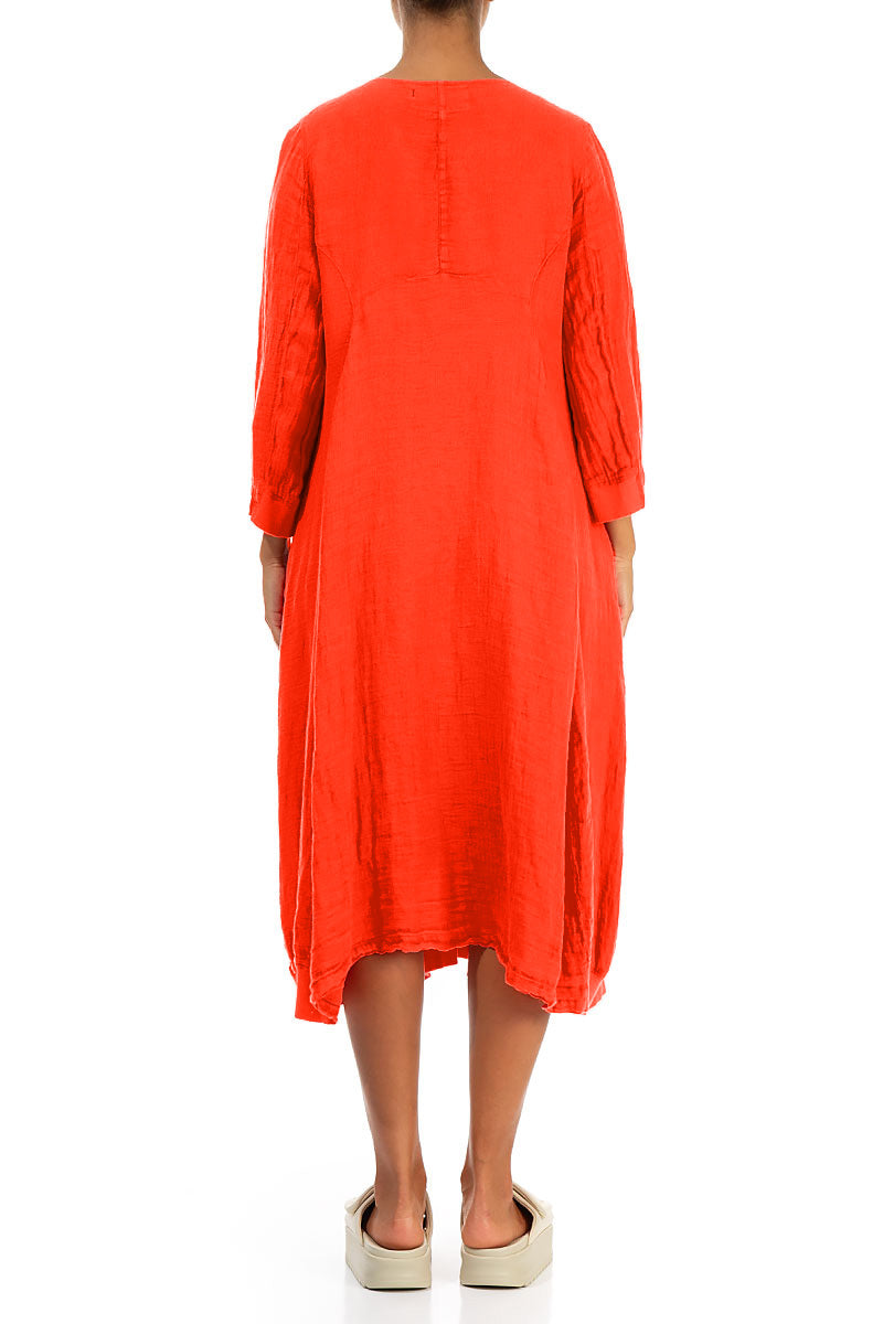 Flared Balloon Flame Orange Linen Dress