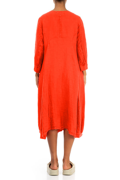 Flared Balloon Flame Orange Linen Dress