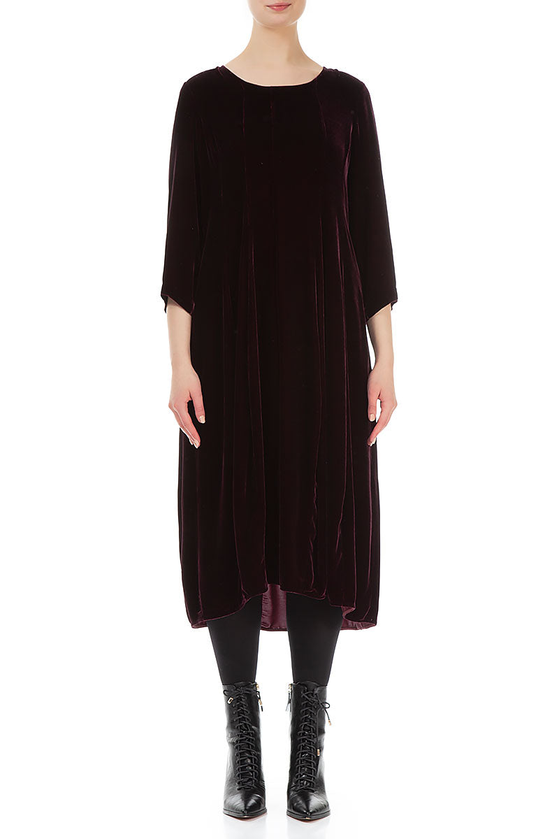 Flared Balloon Maroon Silk Velvet Dress