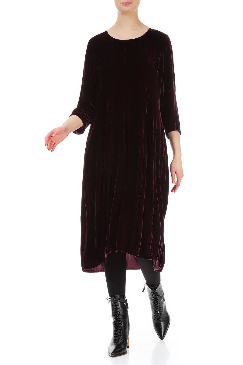 Flared Balloon Maroon Silk Velvet Dress