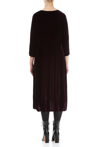 Flared Balloon Maroon Silk Velvet Dress