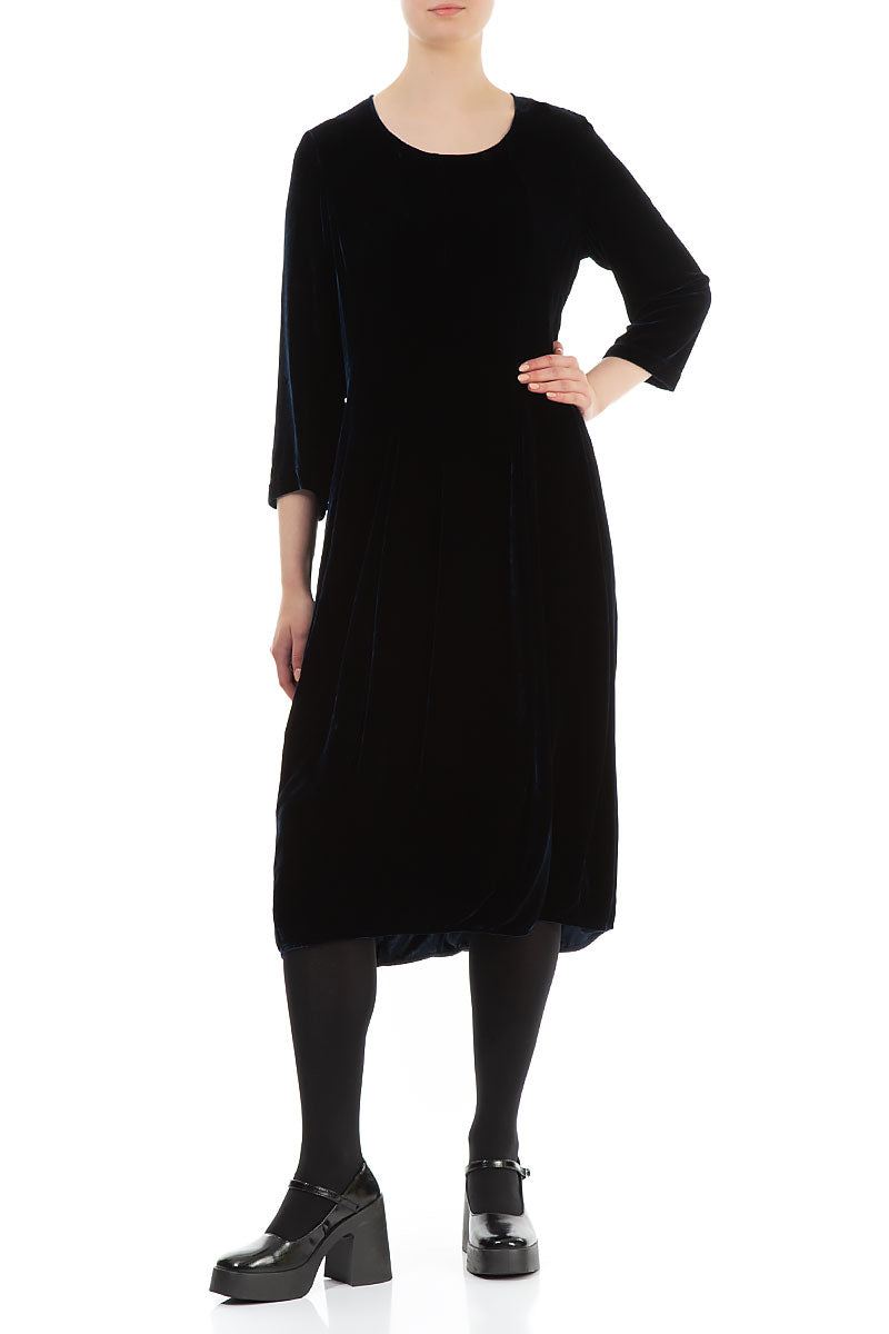 Flared Balloon Navy Silk Velvet Dress 3